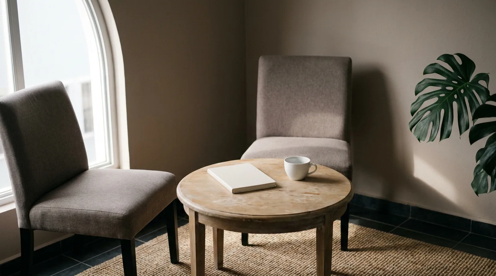 Rincón de consulta de la oficina: dos sillas junto a una mesa de madera con una libreta y una taza, iluminado por la ventana